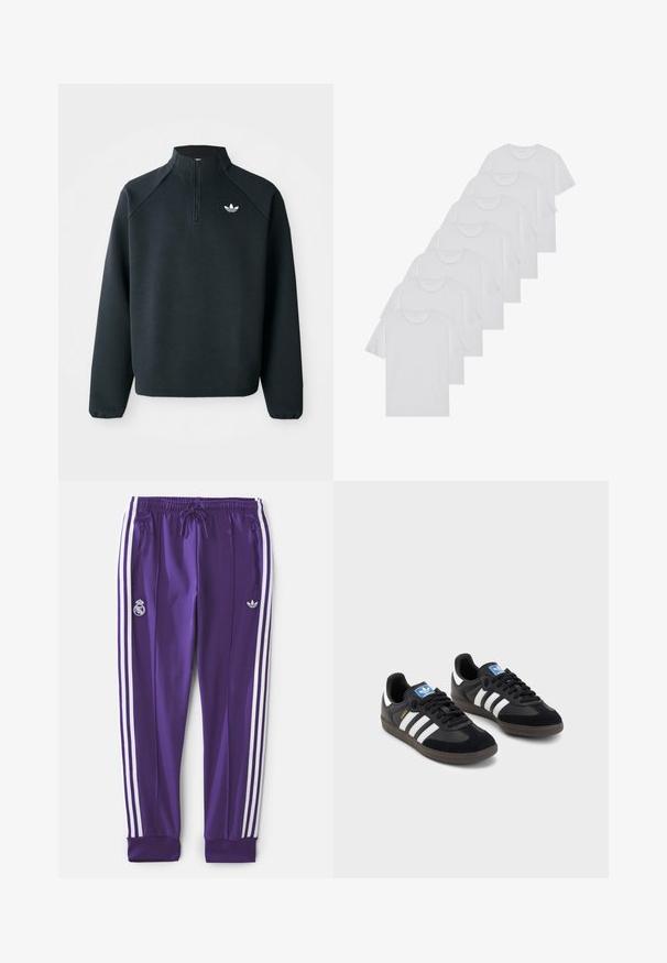 Melna puszipa mīksta auduma krekls ar raglan piedurknēm un balto logotipu uz krūtīm. Piedurknes ir elastīgas.; Baltie kokvilnas T-krekli, īsas piedurknes, apaļas izgriezuma dizains, vienkārša tekstūra, sakrauti rindā, ar smalku zīmolu pie kakla izgriezuma.; Violet sporta bikses ar baltām sānu svītrām, elastīgu jostas daļu, aukliņu, ar rāvējslēdzēju kabatām un divām logotipiem: Real Madrid un Adidas.; Melnas sporta apavas ar zamšādas un sintētisku augšdaļu, ar trim baltām svītrām, teksturētu gumijas zoli un zilu logo birku uz mēles.