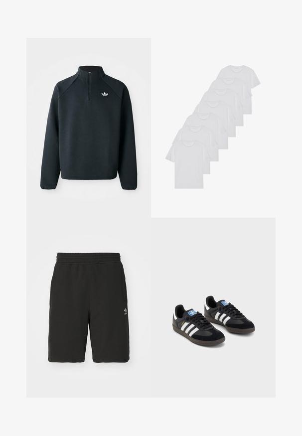 Sweatshirt preto com fecho de correr até ao peito, feito de um tecido suave, com mangas raglan e logótipo branco no peito. As mangas têm punhos elásticos.; T-shirts brancos de algodão, mangas curtas, design de gola redonda, com textura lisa, empilhados em fila, com uma marcação subtil na gola.; Calções atléticos pretos feitos de tecido suave, com um cós elástico, bolsos laterais e um pequeno logótipo branco no lado esquerdo.; Sneakers pretos com parte superior em camurça e sintético, apresentando três riscas brancas, sola de borracha texturizada e etiqueta azul no linguete.