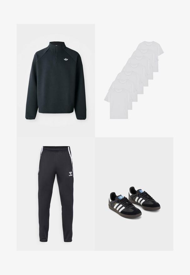Fekete, negyedcipzáros pulóver, puha anyagból készült, raglán ujjakkal és fehér logóval a mellkason. Az ujjak rugalmasak.; Fehér pamut pólók, rövid ujjúak, kerek nyak kialakítással, sima textúrával, sorba rakva, diszkrét logóval a nyaknál.; Fekete sportnadrág sima anyagból, fehér oldalsávokkal és egy kicsi logóval a bal combján. Rugalmas derékpánt a megfelelő illeszkedés érdekében.; Fekete sportcipők, velúrból és szintetikus anyagból készült felsőrésszel, három fehér csíkkal, textúrázott gumitalppal és kék logó címkével a nyelvén.