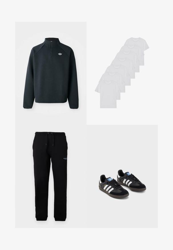 Svart quarter-zip hettegenser laget av mykt stoff, med raglanermer og hvit logo på brystet. Ermelinjene er elastiske.; Hvite bomulls T-skjorter, korte ermer, rund hals-design, enkel tekstur, stablet i en rekke, med subtil merking ved halsen.; Svarte joggebukser med elastisk midjebånd og snøring, med sidelommer og en liten trykt logo på venstre lår. Myk stoff.; Svarte sneakers med overdel i semsket lær og syntetisk materiale, med tre hvite striper, strukturert gummisåle og blå logoetikett på tungen.