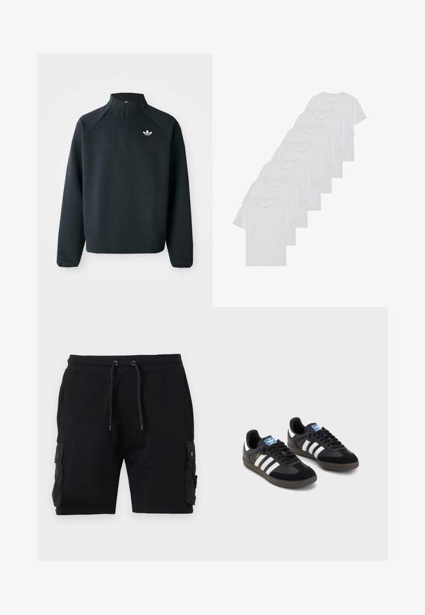 Sweat-shirt noir à zip quart en tissu doux, avec des manches raglan et un logo blanc sur la poitrine. Les poignets sont élastiques.; T-shirts en coton blanc, à manches courtes, design col rond, texture uniforme, empilés en rangée, avec un logo subtil au niveau de l'encolure.; Shorts cargo noirs en mélange de coton, dotés de deux poches latérales, d'une taille ajustable avec cordon de serrage et d'une texture lisse.; Des baskets noires avec une tige en suède et en matériaux synthétiques, dotées de trois rayures blanches, d'une semelle en caoutchouc texturé et d'une étiquette de logo bleue sur la languette.