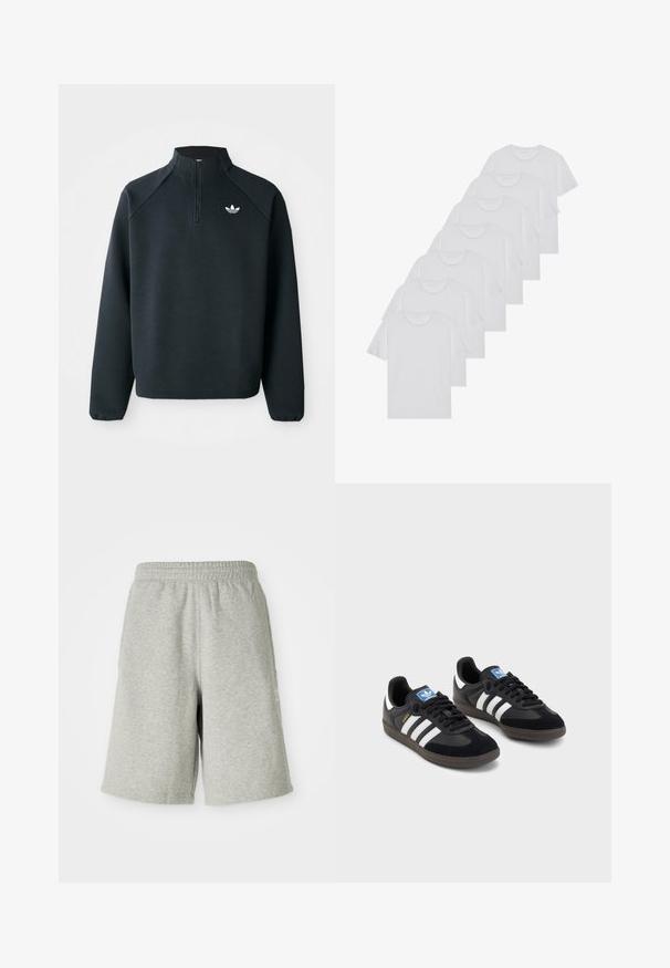 Czarna bluza z zipem do połowy wykonana z miękkiego materiału, z rękawami raglanowymi i białym logo na piersi. Rękawy są elastyczne.; Białe bawełniane koszulki, krótki rękaw, design z okrągłym dekoltem, gładka faktura, ułożone w rzędzie, z subtelnym logo przy dekolcie.; Szare bawełniane szorty z elastycznym pasem, sięgające do kolan, z subtelnym detalem logo po bokach. Miękka tekstura z luźnym, sportowym krojem.; Czarne sneakersy z zamszową i syntetyczną cholewką, wyposażone w trzy białe paski, teksturowaną gumową podeszwę oraz niebieską metkę z logo na języku.