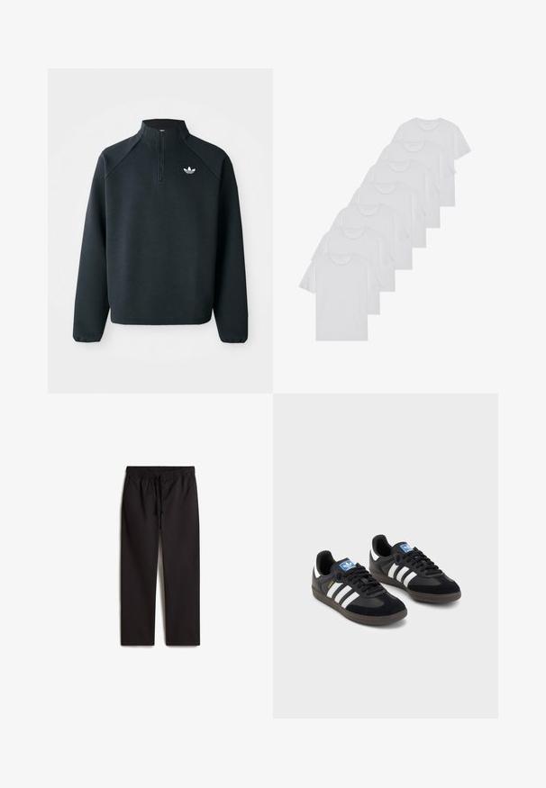 Sudadera negra con cremallera en el cuello hecha de tela suave, con mangas raglán y logo blanco en el pecho. Los puños son elásticos.; Camisetas de algodón blancas, de manga corta, con diseño de cuello redondo, textura lisa, apiladas en una fila, con un sutil logo en el cuello.; Pantalones negros con cintura elástica y cordón; diseño de pierna recta; textura suave; con dos bolsillos laterales.; Zapatillas negras con un upper de ante y sintético, con tres rayas blancas, suela de goma texturizada y etiqueta de logo azul en la lengüeta.