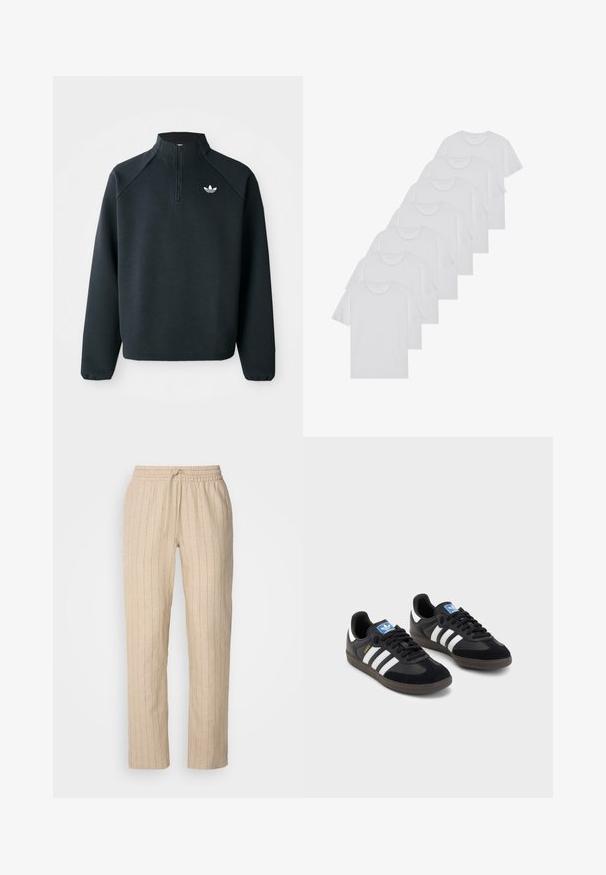 Juodas ketvirčio užtrauktuko megztinis, pagamintas iš minkštos medžiagos, su raglaniniu rankovėmis ir baltu logotipu ant krūtinės. Rankogaliai yra elastiniai.; Baltos medvilninės marškinėliai, trumpomis rankovėmis, apvaliu kaklu, lygia tekstūra, sušluoti į eilę, su subtiliu prekės ženklu ant kaklo.; Bežinės lininės kelnės su vertikaliomis juostelėmis, turinčios elastingą liemenį ir raištelį, tiesaus kirpimo dizainą ir lygią tekstūrą.; Juodi sportiniai bateliai su zomšos ir sintetine viršutine dalimi, turintys tris baltas juosteles, tekstūruotą gumos pado paviršių ir mėlyną logotipo etiketę ant liežuvėlio.