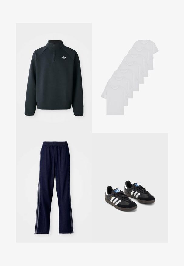 Μαύρο φούτερ με φερμουάρ μέχρι το μισό, φτιαγμένο από μαλακό ύφασμα, με ραγκλάν μανίκια και λευκό λογότυπο στο στήθος. Οι μανσέτες είναι ελαστικές.; Λευκά βαμβακερά T-shirts, κοντά μανίκια, σχέδιο με λαιμόκοψη, απλή υφή, στοιβαγμένα σε σειρά, με διακριτική επωνυμία στον λαιμό.; Ναυτικό μπλε αθλητικές παντελόνες με ελαστική μέση, με τρεις λευκές λωρίδες στο πλάι και ίσια γραμμή. Μαλακή υφή τζιν.; Μαύρα αθλητικά παπούτσια με επάνω μέρος από σουέτ και συνθετικό υλικό, με τρεις λευκές ρίγες, υφασμάτινη σόλα από καουτσούκ και μπλε ταυτότητα λογότυπου στη γλώσσα.