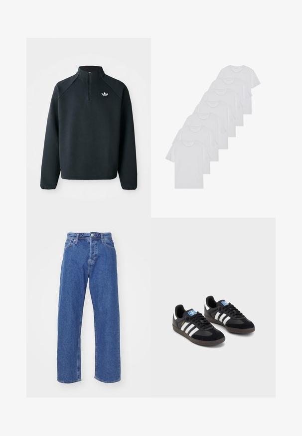 Czarna bluza z zipem do połowy wykonana z miękkiego materiału, z rękawami raglanowymi i białym logo na piersi. Rękawy są elastyczne.; Białe bawełniane koszulki, krótki rękaw, design z okrągłym dekoltem, gładka faktura, ułożone w rzędzie, z subtelnym logo przy dekolcie.; Niebieskie dżinsy o prostym kroju nogawki, z zapięciem na guziki i zamek błyskawiczny, pięć kieszeni, z minimalnymi detalami ściegów.; Czarne sneakersy z zamszową i syntetyczną cholewką, wyposażone w trzy białe paski, teksturowaną gumową podeszwę oraz niebieską metkę z logo na języku.