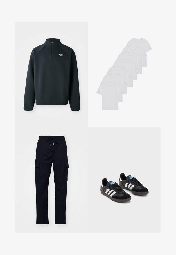 Must värvi neljandiku tõmblukuga jakke, mis on valmistatud pehmest kangast, raganlasleevidega ja valge logoga rinnal. Varrukate äärised on elastsed.; Valge puuvillane T-särk, lühikeste varrukatega, ümar neel, ühtlane tekstuur, reastatud kuhjale, kaeluses peene brändinguga.; Mustarustad cargo püksid elastse vöökoha, nööriga ja kahe küljetaskuga. Sile kangas kitseneva jala kujundusega.; Mustad tossud, mille pealseks on seemisnahk ja sünteetilised materjalid, kolme valge triibuga, tekstureeritud kummitald ja sinine logo silt keele peal.