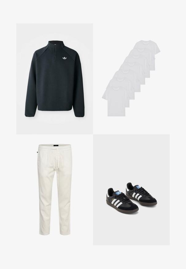 Melna puszipa mīksta auduma krekls ar raglan piedurknēm un balto logotipu uz krūtīm. Piedurknes ir elastīgas.; Baltie kokvilnas T-krekli, īsas piedurknes, apaļas izgriezuma dizains, vienkārša tekstūra, sakrauti rindā, ar smalku zīmolu pie kakla izgriezuma.; Baltas, viegls kokvilnas joggers ar elastīgu jostu, aukliņu aizdari un brīvu piegriezumu. Gluda tekstūra bez rakstiem vai akcentiem.; Melnas sporta apavas ar zamšādas un sintētisku augšdaļu, ar trim baltām svītrām, teksturētu gumijas zoli un zilu logo birku uz mēles.