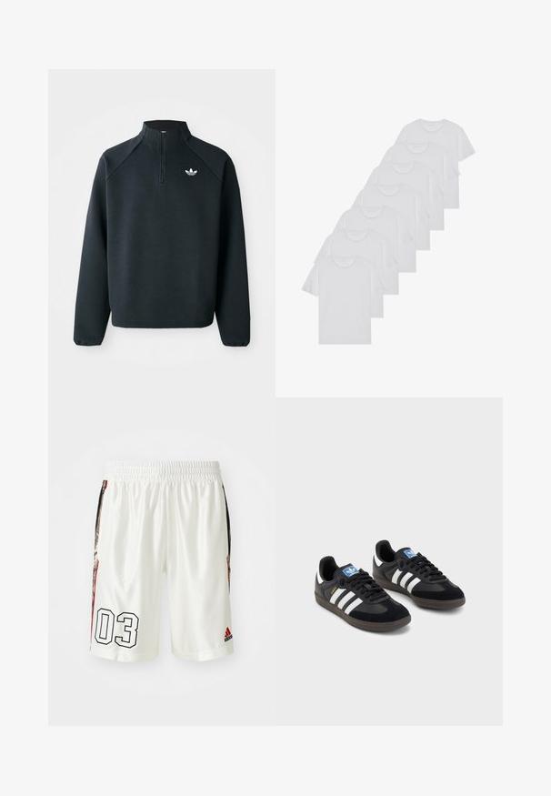 Sweatshirt preto com fecho de correr até ao peito, feito de um tecido suave, com mangas raglan e logótipo branco no peito. As mangas têm punhos elásticos.; T-shirts brancos de algodão, mangas curtas, design de gola redonda, com textura lisa, empilhados em fila, com uma marcação subtil na gola.; Calções de desporto brancos com cintura elástica. Apresentam uma grande impressão preta "03" e painéis laterais com um padrão. Logótipo da Adidas presente.; Sneakers pretos com parte superior em camurça e sintético, apresentando três riscas brancas, sola de borracha texturizada e etiqueta azul no linguete.