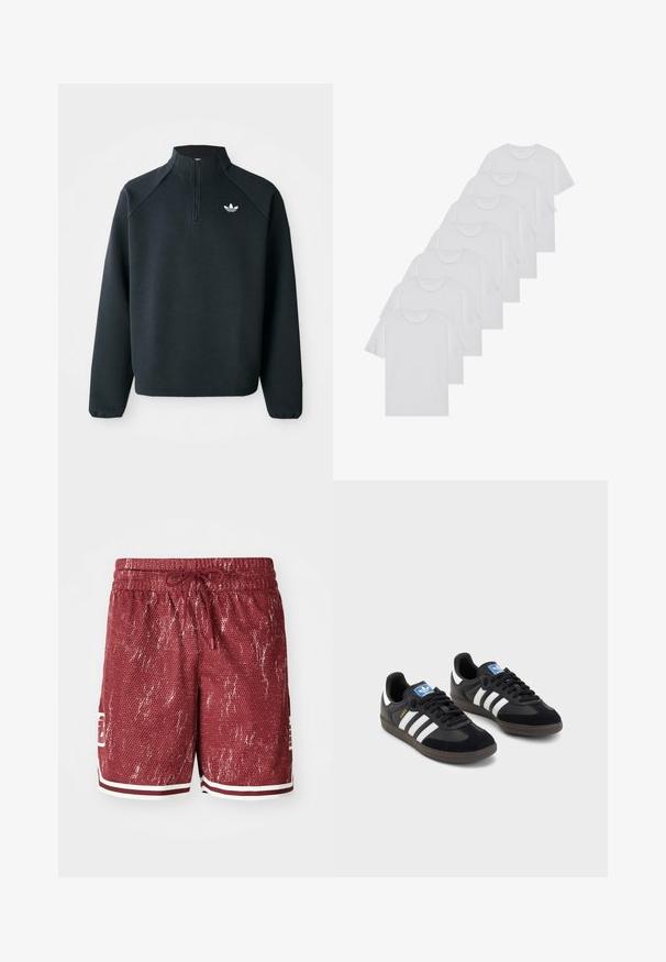 Fekete, negyedcipzáros pulóver, puha anyagból készült, raglán ujjakkal és fehér logóval a mellkason. Az ujjak rugalmasak.; Fehér pamut pólók, rövid ujjúak, kerek nyak kialakítással, sima textúrával, sorba rakva, diszkrét logóval a nyaknál.; Piros hálós bermuda, textúrált mintával, fehér részletekkel és zsinórral állítható derékkal. Oldalsó zsebekkel rendelkezik és a bal lábon logó található.; Fekete sportcipők, velúrból és szintetikus anyagból készült felsőrésszel, három fehér csíkkal, textúrázott gumitalppal és kék logó címkével a nyelvén.