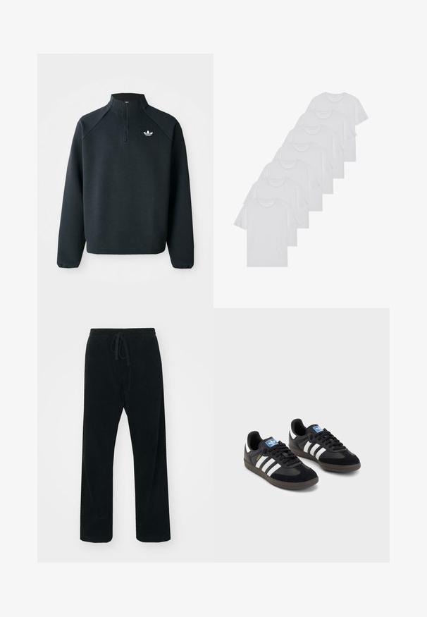 Schwarzer Quarter-Zip-Sweatshirt aus weichem Material, mit Raglanärmeln und einem weißen Logo auf der Brust. Die Bündchen sind elastisch.; Weiße Baumwoll-T-Shirts, kurze Ärmel, Rundhals-Design, schlichte Textur, in einer Reihe gestapelt, mit dezentem Branding am Hals.; Carhartt WIP FLOYDE PANT - Stoffhose - black rinsed; Schwarze Sneaker mit einem Obermaterial aus Wildleder und Synthetik, ausgestattet mit drei weißen Streifen, einer strukturierten Gummi-Sohle und einem blauen Logo-Tag auf der Zunge.