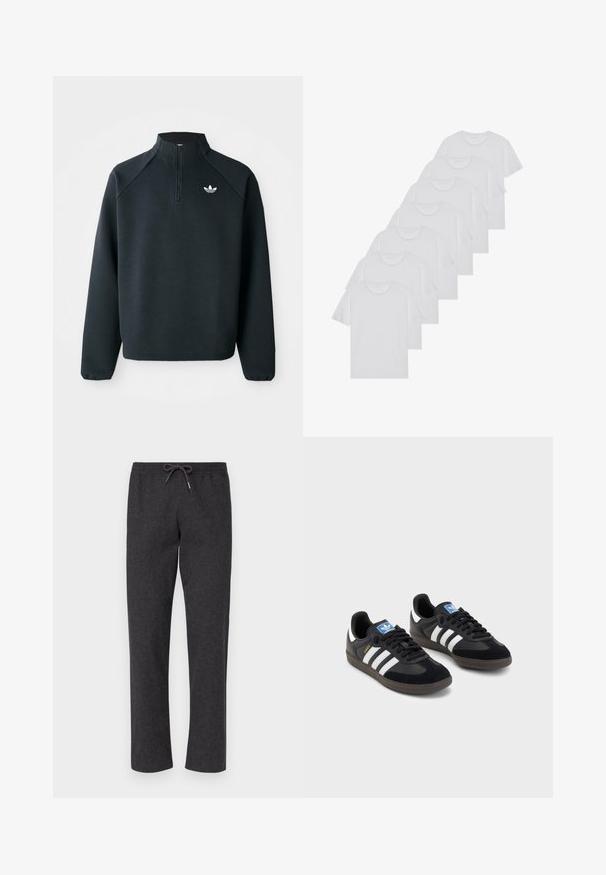 Must värvi neljandiku tõmblukuga jakke, mis on valmistatud pehmest kangast, raganlasleevidega ja valge logoga rinnal. Varrukate äärised on elastsed.; Valge puuvillane T-särk, lühikeste varrukatega, ümar neel, ühtlane tekstuur, reastatud kuhjale, kaeluses peene brändinguga.; Tumedahallid, pehmed kangast püksid elastse vöö ja nööriga. Sirge jala disain, ilma taskuteta, sile tekstuur ja lihtne konstruktsioon.; Mustad tossud, mille pealseks on seemisnahk ja sünteetilised materjalid, kolme valge triibuga, tekstureeritud kummitald ja sinine logo silt keele peal.