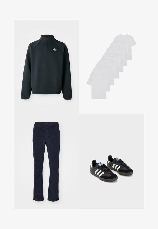 Fekete, negyedcipzáros pulóver, puha anyagból készült, raglán ujjakkal és fehér logóval a mellkason. Az ujjak rugalmasak.; Fehér pamut pólók, rövid ujjúak, kerek nyak kialakítással, sima textúrával, sorba rakva, diszkrét logóval a nyaknál.; DOCKERS SMART FLEX MOTION SLIM - Vászonnadrágok - navy; Fekete sportcipők, velúrból és szintetikus anyagból készült felsőrésszel, három fehér csíkkal, textúrázott gumitalppal és kék logó címkével a nyelvén.