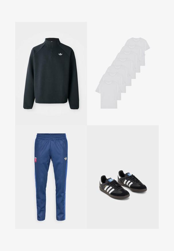 Svart quarter-zip hettegenser laget av mykt stoff, med raglanermer og hvit logo på brystet. Ermelinjene er elastiske.; Hvite bomulls T-skjorter, korte ermer, rund hals-design, enkel tekstur, stablet i en rekke, med subtil merking ved halsen.; Marinebukser laget av glatt stoff med elastisk midjebånd, blå sidelister og en gull Adidas-logo på venstre hofte.; Svarte sneakers med overdel i semsket lær og syntetisk materiale, med tre hvite striper, strukturert gummisåle og blå logoetikett på tungen.