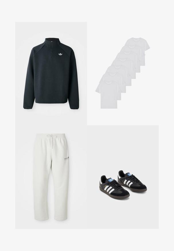 Sort quarter-zip sweatshirt lavet af blødt stof, med raglanærmer og hvidt logo på brystet. Manchetterne er elastiske.; Hvide bomulds T-shirts, korte ærmer, rund halsdesign, ensartet tekstur, stablet i en række, med diskret branding ved halsåbningen.; Lysgrå sweatpants lavet af blødt stof, med elastisk talje og snøring samt en lille logodetalje på venstre lår.; Sorte sneakers med en overdel i ruskind og syntetisk materiale, med tre hvide striber, struktureret gummisål og en blå logoetiket på tungen.