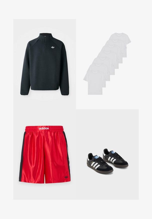 Czarna bluza z zipem do połowy wykonana z miękkiego materiału, z rękawami raglanowymi i białym logo na piersi. Rękawy są elastyczne.; Białe bawełniane koszulki, krótki rękaw, design z okrągłym dekoltem, gładka faktura, ułożone w rzędzie, z subtelnym logo przy dekolcie.; Czerwone spodenki sportowe z czarnymi panelami po bokach, elastycznym paskiem w talii i białym logo "adidas" z przodu. Gładka satynowa tekstura, długość do kolan.; Czarne sneakersy z zamszową i syntetyczną cholewką, wyposażone w trzy białe paski, teksturowaną gumową podeszwę oraz niebieską metkę z logo na języku.