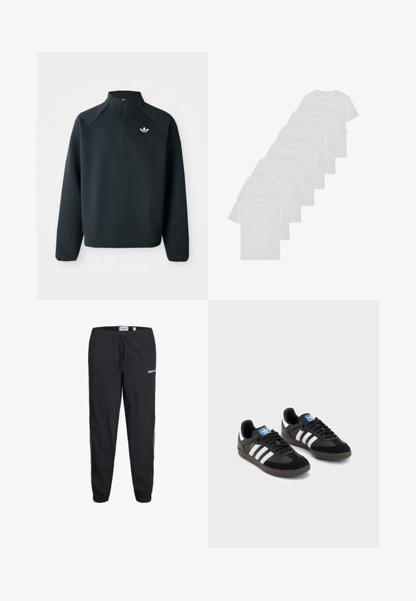 Czarna bluza z zipem do połowy wykonana z miękkiego materiału, z rękawami raglanowymi i białym logo na piersi. Rękawy są elastyczne.; Białe bawełniane koszulki, krótki rękaw, design z okrągłym dekoltem, gładka faktura, ułożone w rzędzie, z subtelnym logo przy dekolcie.; Czarne spodnie sportowe z elastycznym pasem, sznurkiem i mankietami na kostkach. Posiadają logo z przodu oraz kontrastowe paski po bokach.; Czarne sneakersy z zamszową i syntetyczną cholewką, wyposażone w trzy białe paski, teksturowaną gumową podeszwę oraz niebieską metkę z logo na języku.