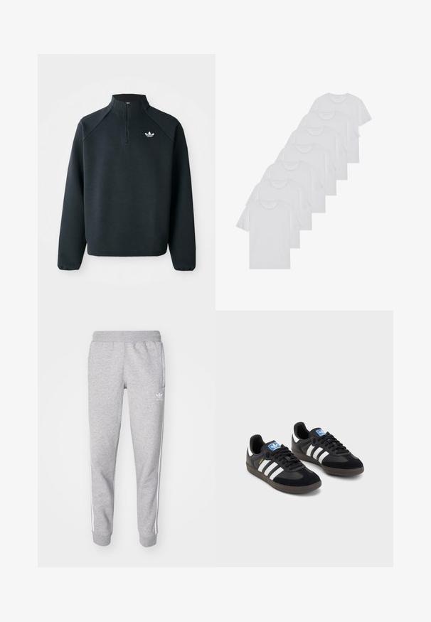 Felpa nera a mezza zip realizzata in tessuto morbido, con maniche raglan e logo bianco sul petto. I polsini sono elasticizzati.; T-shirt bianchi in cotone, maniche corte, design a collo tondo, texture liscia, impilati in fila, con un sottile marchio all'altezza del collo.; Pantaloni grigi in felpa realizzati in morbido tessuto, con cintura elastica, tasche laterali e strisce bianche lungo i lati. Logo Adidas in bianco.; Sneakers neri con tomaia in suede e materiale sintetico, caratterizzati da tre strisce bianche, suola in gomma testurizzata e etichetta blu sul linguetta.