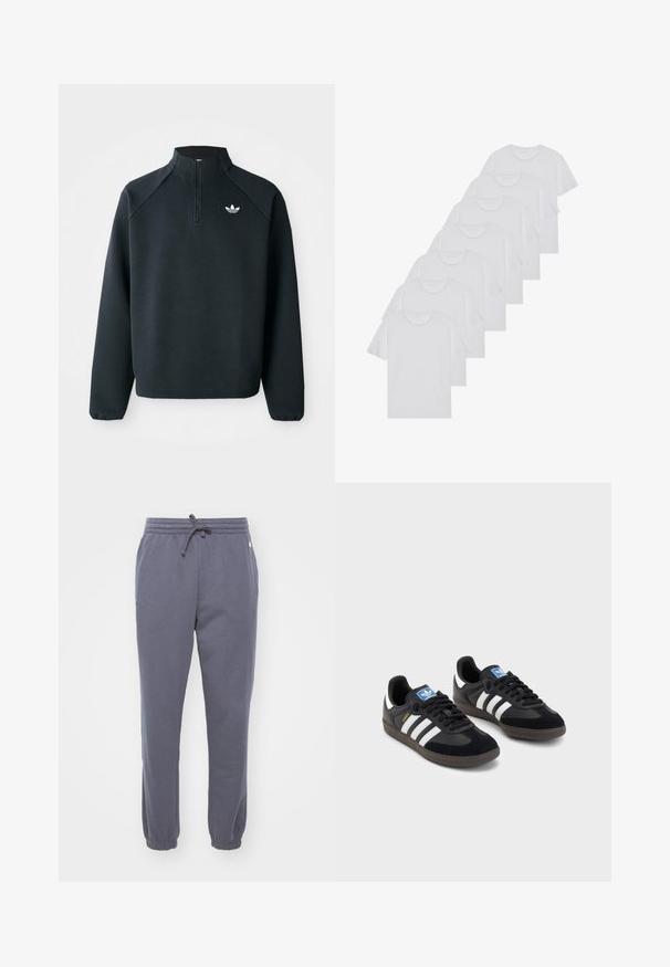 Melna puszipa mīksta auduma krekls ar raglan piedurknēm un balto logotipu uz krūtīm. Piedurknes ir elastīgas.; Baltie kokvilnas T-krekli, īsas piedurknes, apaļas izgriezuma dizains, vienkārša tekstūra, sakrauti rindā, ar smalku zīmolu pie kakla izgriezuma.; Pelēki vilnas sporta bikses ar elastīgu jostu un auklu. Ar elastīgām apakšmalām un sānu kabatas detaļu. Mīksta tekstūra, piemērota ikdienas valkāšanai.; Melnas sporta apavas ar zamšādas un sintētisku augšdaļu, ar trim baltām svītrām, teksturētu gumijas zoli un zilu logo birku uz mēles.