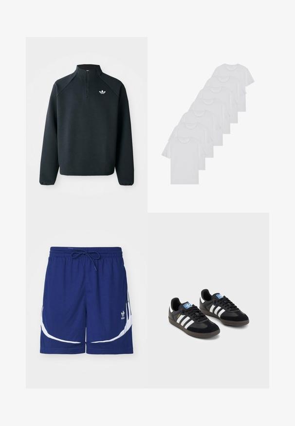 Felpa nera a mezza zip realizzata in tessuto morbido, con maniche raglan e logo bianco sul petto. I polsini sono elasticizzati.; T-shirt bianchi in cotone, maniche corte, design a collo tondo, texture liscia, impilati in fila, con un sottile marchio all'altezza del collo.; adidas Originals ARCHIVE - Pantaloni sportivi - dark blue/white; Sneakers neri con tomaia in suede e materiale sintetico, caratterizzati da tre strisce bianche, suola in gomma testurizzata e etichetta blu sul linguetta.