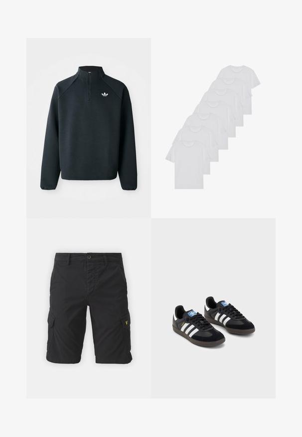 Sudadera negra con cremallera en el cuello hecha de tela suave, con mangas raglán y logo blanco en el pecho. Los puños son elásticos.; Camisetas de algodón blancas, de manga corta, con diseño de cuello redondo, textura lisa, apiladas en una fila, con un sutil logo en el cuello.; Pantalones cortos de carga negros de mezcla de algodón, con bolsillos laterales, cierre con botón y un pequeño logotipo amarillo en el bolsillo izquierdo.; Zapatillas negras con un upper de ante y sintético, con tres rayas blancas, suela de goma texturizada y etiqueta de logo azul en la lengüeta.