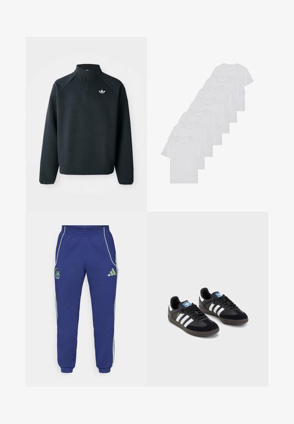 Czarna bluza z zipem do połowy wykonana z miękkiego materiału, z rękawami raglanowymi i białym logo na piersi. Rękawy są elastyczne.; Białe bawełniane koszulki, krótki rękaw, design z okrągłym dekoltem, gładka faktura, ułożone w rzędzie, z subtelnym logo przy dekolcie.; Granatowe dresy z zielonymi akcentami. Posiadają elastyczny pas, boczne kieszenie oraz haftowane logo na lewej nogawce. Miękka tkanina.; Czarne sneakersy z zamszową i syntetyczną cholewką, wyposażone w trzy białe paski, teksturowaną gumową podeszwę oraz niebieską metkę z logo na języku.