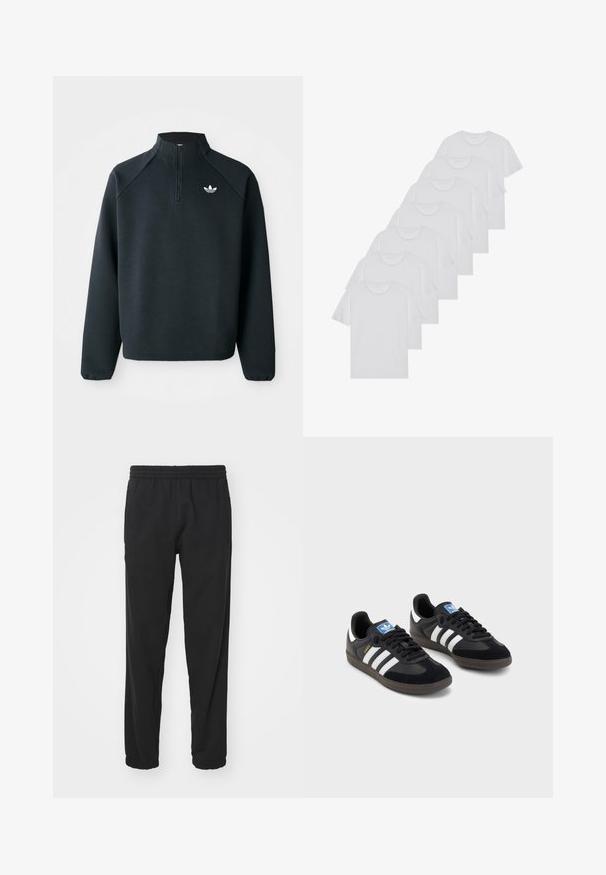 Svart quarter-zip hettegenser laget av mykt stoff, med raglanermer og hvit logo på brystet. Ermelinjene er elastiske.; Hvite bomulls T-skjorter, korte ermer, rund hals-design, enkel tekstur, stablet i en rekke, med subtil merking ved halsen.; Svart lette joggebukser med elastisk midje, smale ben, strikkede mansjetter og sidelommer for ekstra funksjonalitet.; Svarte sneakers med overdel i semsket lær og syntetisk materiale, med tre hvite striper, strukturert gummisåle og blå logoetikett på tungen.