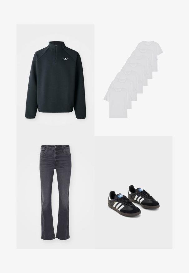 Schwarzer Quarter-Zip-Sweatshirt aus weichem Material, mit Raglanärmeln und einem weißen Logo auf der Brust. Die Bündchen sind elastisch.; Weiße Baumwoll-T-Shirts, kurze Ärmel, Rundhals-Design, schlichte Textur, in einer Reihe gestapelt, mit dezentem Branding am Hals.; Dunkelgraue, ausgestellte Jeans aus Denim mit einem klassischen Fünf-Pocket-Design, Gürtelschlaufen und einem verdeckten Reißverschluss mit Knopfverschluss.; Schwarze Sneaker mit einem Obermaterial aus Wildleder und Synthetik, ausgestattet mit drei weißen Streifen, einer strukturierten Gummi-Sohle und einem blauen Logo-Tag auf der Zunge.