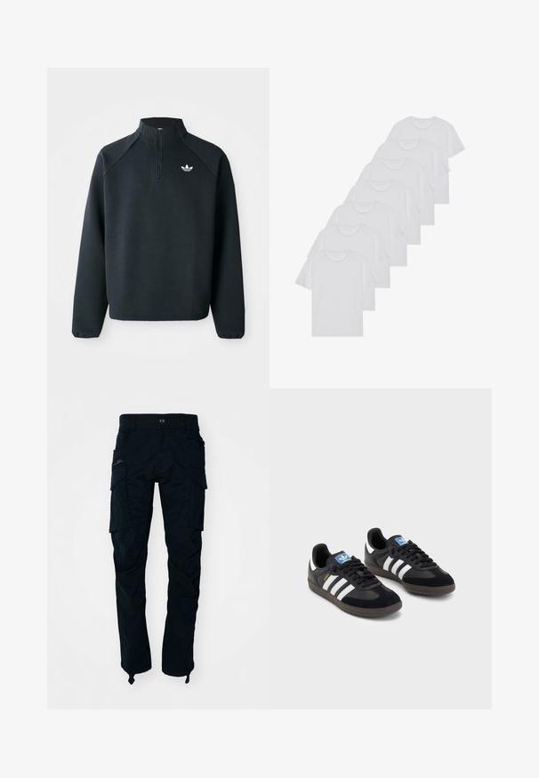 Zwarte kwart-zip sweatshirt gemaakt van zachte stof, met raglanmouwen en een wit logo op de borst. De manchet is elastisch.; Witte katoenen T-shirts, korte mouwen, ronde halsontwerp, eenvoudige textuur, gestapeld in een rij, met subtiele branding bij de hals.; Zwarte cargobroek van katoen, met meerdere zijzakken, een ritszak en een recht model met verstelbare enkelbanden.; Zwarte sneakers met een bovenwerk van suède en synthetisch materiaal, voorzien van drie witte strepen, een gestructureerde rubberen zool en een blauw logo-label op de tong.