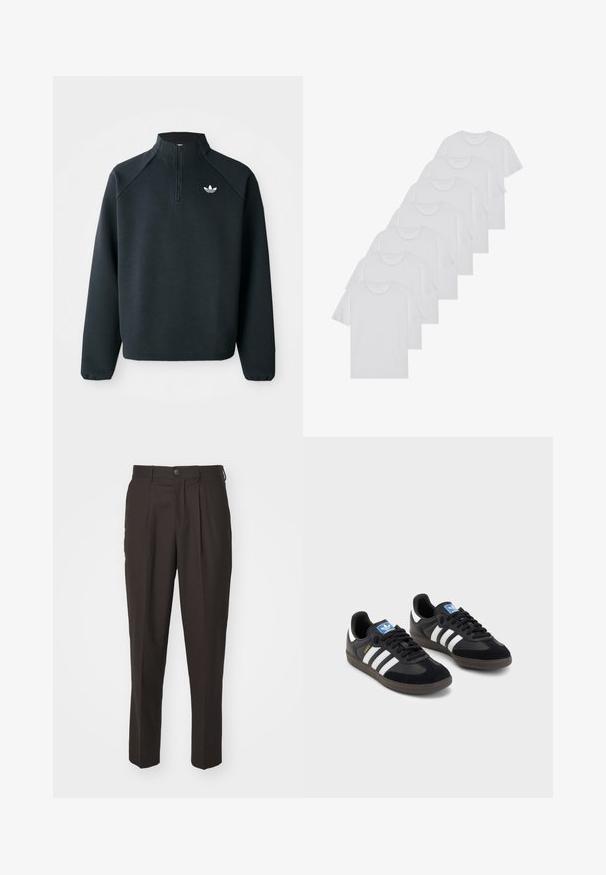 Crni dukserica s četvrtim zatvaračem izrađena od mekog materijala, s raglan rukavima i bijelim logotipom na prsima. Manžetne su elastične.; Bijele pamučne majice, kratki rukavi, dizajn s okruglim izrezom, jednostavne teksture, složene u red, s suptilnim brendiranjem na izrezu.; Smeđe, krojene hlače s ravnim prednjim dijelom, nabranim detaljima i dugmetom za zatvaranje. Napravljen od glatkog materijala, s ravnim krojem nogavica i bez vidljivih uzoraka.; Crne tenisice s gornjim dijelom od antilopa i sintetičkog materijala, s tri bijele pruge, teksturiranom gumenom potplatom i plavom oznakom na jeziku.