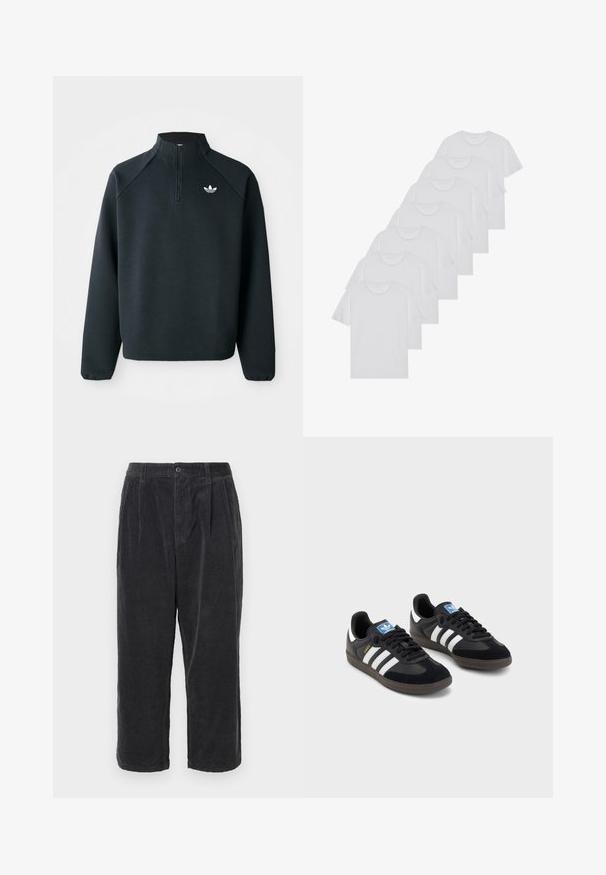Sweat-shirt noir à zip quart en tissu doux, avec des manches raglan et un logo blanc sur la poitrine. Les poignets sont élastiques.; T-shirts en coton blanc, à manches courtes, design col rond, texture uniforme, empilés en rangée, avec un logo subtil au niveau de l'encolure.; Pantalons en velours côtelé gris foncé à coupe ample, dotés d'une fermeture à bouton, de plis et d'une longueur cropped, affichant une texture ribbed.; Des baskets noires avec une tige en suède et en matériaux synthétiques, dotées de trois rayures blanches, d'une semelle en caoutchouc texturé et d'une étiquette de logo bleue sur la languette.