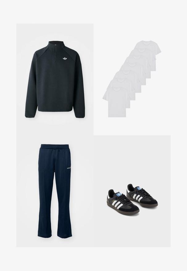 Čierna mikina so štvrťovým zipsom vyrobená z mäkkej tkaniny, s raglánovými rukávmi a bielym logom na hrudi. Rukávy sú elastické.; Biele bavlnené trička, krátke rukávy, dizajn s okrúhlym výstrihom, hladká textúra, naskladané v rade, so subtilným brandingom na výstrihu.; Námornícke tepláky s elastickým pásom, rovnými nohavicami a jemnými bočnými švami. Obsahujú malé biele logo na ľavom boku.; Čierne tenisky so zvrškom z semišu a syntetického materiálu, s tromi bielymi pruhmi, štruktúrovanou gumovou podrážkou a modrou logovou etiketou na jazyku.