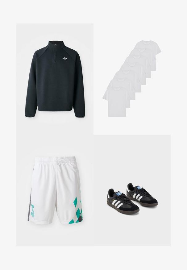 Fekete, negyedcipzáros pulóver, puha anyagból készült, raglán ujjakkal és fehér logóval a mellkason. Az ujjak rugalmasak.; Fehér pamut pólók, rövid ujjúak, kerek nyak kialakítással, sima textúrával, sorba rakva, diszkrét logóval a nyaknál.; Fehér atlétikai sort, elasztikus derekkal, teal színű geometrikus mintával és fekete díszítéssel az oldalán. Nagy, 3-as szám található rajta.; Fekete sportcipők, velúrból és szintetikus anyagból készült felsőrésszel, három fehér csíkkal, textúrázott gumitalppal és kék logó címkével a nyelvén.