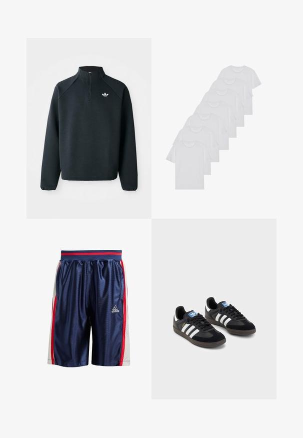 Sweatshirt preto com fecho de correr até ao peito, feito de um tecido suave, com mangas raglan e logótipo branco no peito. As mangas têm punhos elásticos.; T-shirts brancos de algodão, mangas curtas, design de gola redonda, com textura lisa, empilhados em fila, com uma marcação subtil na gola.; Calções de atletismo azuis com um acabamento brilhante. Apresentam riscas laterais vermelhas e brancas e painéis de malha ventilados. Cintura elástica com realces vermelhos.; Sneakers pretos com parte superior em camurça e sintético, apresentando três riscas brancas, sola de borracha texturizada e etiqueta azul no linguete.