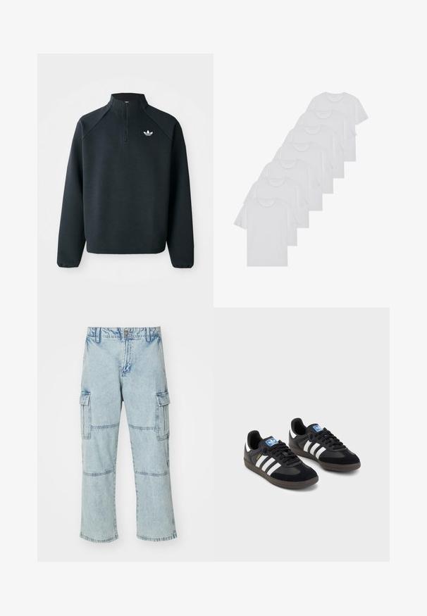 Sweat-shirt noir à zip quart en tissu doux, avec des manches raglan et un logo blanc sur la poitrine. Les poignets sont élastiques.; T-shirts en coton blanc, à manches courtes, design col rond, texture uniforme, empilés en rangée, avec un logo subtil au niveau de l'encolure.; Pantalons cargo en denim bleu clair avec une coupe ample, deux poches latérales et des détails de patch aux genoux. Dispose d'une fermeture éclair et d'un bouton en métal.; Des baskets noires avec une tige en suède et en matériaux synthétiques, dotées de trois rayures blanches, d'une semelle en caoutchouc texturé et d'une étiquette de logo bleue sur la languette.