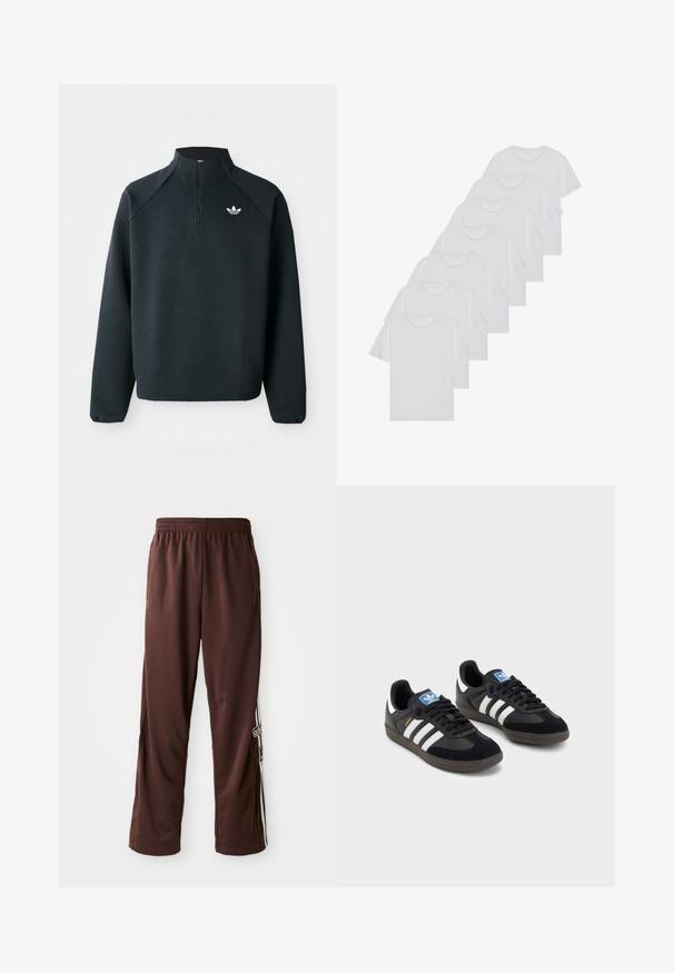 Czarna bluza z zipem do połowy wykonana z miękkiego materiału, z rękawami raglanowymi i białym logo na piersi. Rękawy są elastyczne.; Białe bawełniane koszulki, krótki rękaw, design z okrągłym dekoltem, gładka faktura, ułożone w rzędzie, z subtelnym logo przy dekolcie.; Brązowe spodnie dresowe Adidas z elastycznym pasem i białymi paskami po bokach, z logo Adidas oraz tekstem na lewej nogawce.; Czarne sneakersy z zamszową i syntetyczną cholewką, wyposażone w trzy białe paski, teksturowaną gumową podeszwę oraz niebieską metkę z logo na języku.