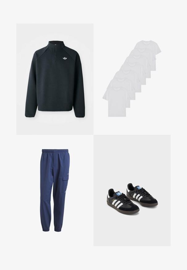 Μαύρο φούτερ με φερμουάρ μέχρι το μισό, φτιαγμένο από μαλακό ύφασμα, με ραγκλάν μανίκια και λευκό λογότυπο στο στήθος. Οι μανσέτες είναι ελαστικές.; Λευκά βαμβακερά T-shirts, κοντά μανίκια, σχέδιο με λαιμόκοψη, απλή υφή, στοιβαγμένα σε σειρά, με διακριτική επωνυμία στον λαιμό.; Ναυτικές αθλητικές παντελόνες με ελαστική μέση, πλαϊνές τσέπες και μια τσέπη cargo στο αριστερό πόδι με διακριτική επωνυμία.; Μαύρα αθλητικά παπούτσια με επάνω μέρος από σουέτ και συνθετικό υλικό, με τρεις λευκές ρίγες, υφασμάτινη σόλα από καουτσούκ και μπλε ταυτότητα λογότυπου στη γλώσσα.