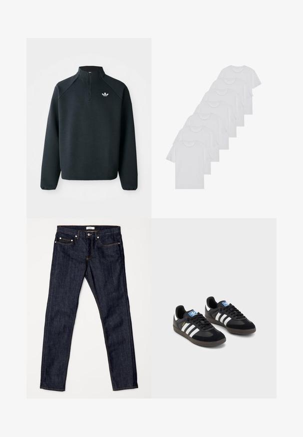 Juodas ketvirčio užtrauktuko megztinis, pagamintas iš minkštos medžiagos, su raglaniniu rankovėmis ir baltu logotipu ant krūtinės. Rankogaliai yra elastiniai.; Baltos medvilninės marškinėliai, trumpomis rankovėmis, apvaliu kaklu, lygia tekstūra, sušluoti į eilę, su subtiliu prekės ženklu ant kaklo.; Tamsiai mėlynos džinsinės kelnės su tiesiomis kojomis, turinčios vidutinį juosmens aukštį, kontrastingą oranžinį siuvinėjimą ir klasiką penkių kišenių dizainą.; Juodi sportiniai bateliai su zomšos ir sintetine viršutine dalimi, turintys tris baltas juosteles, tekstūruotą gumos pado paviršių ir mėlyną logotipo etiketę ant liežuvėlio.