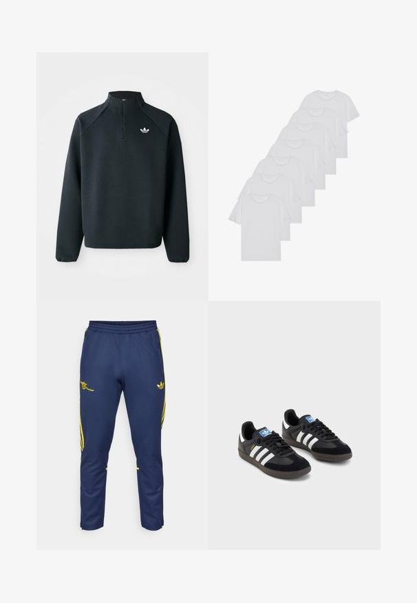 Schwarzer Quarter-Zip-Sweatshirt aus weichem Material, mit Raglanärmeln und einem weißen Logo auf der Brust. Die Bündchen sind elastisch.; Weiße Baumwoll-T-Shirts, kurze Ärmel, Rundhals-Design, schlichte Textur, in einer Reihe gestapelt, mit dezentem Branding am Hals.; adidas Performance ARSENAL FC LIFESTLYER TRACK PANT - Vereinsmannschaften - night indigo; Schwarze Sneaker mit einem Obermaterial aus Wildleder und Synthetik, ausgestattet mit drei weißen Streifen, einer strukturierten Gummi-Sohle und einem blauen Logo-Tag auf der Zunge.