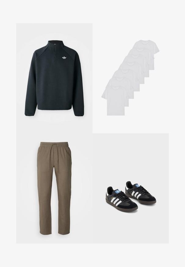 Fekete, negyedcipzáros pulóver, puha anyagból készült, raglán ujjakkal és fehér logóval a mellkason. Az ujjak rugalmasak.; Fehér pamut pólók, rövid ujjúak, kerek nyak kialakítással, sima textúrával, sorba rakva, diszkrét logóval a nyaknál.; Les Deux PATRICK PANTS - Nadrágok - brown; Fekete sportcipők, velúrból és szintetikus anyagból készült felsőrésszel, három fehér csíkkal, textúrázott gumitalppal és kék logó címkével a nyelvén.