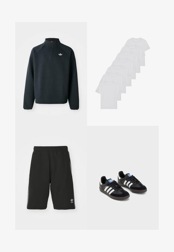 Black quarter-zip sweatshirt made of soft fabric, featuring raglan sleeves and white logo on the chest. Cuffs are elasticized.; White cotton T-shirts, short sleeves, crew neck design, plain texture, stacked in a row, with subtle branding at the neckline.; Black shorts made of cotton blend material with an elastic waistband, featuring white side stripes and a small logo on the lower left.; Black sneakers with a suede and synthetic upper, featuring three white stripes, textured rubber sole, and blue logo tag on the tongue.