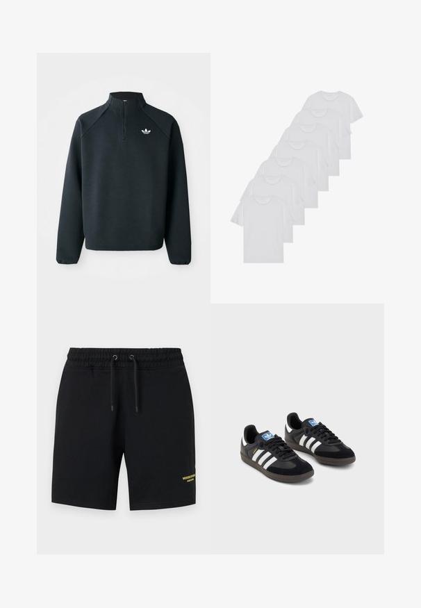 Sort quarter-zip sweatshirt lavet af blødt stof, med raglanærmer og hvidt logo på brystet. Manchetterne er elastiske.; Hvide bomulds T-shirts, korte ærmer, rund halsdesign, ensartet tekstur, stablet i en række, med diskret branding ved halsåbningen.; Sorte shorts lavet af bomuld med elastisk talje, snøre detaljer og gul tekstaccent på nederste venstre ben.; Sorte sneakers med en overdel i ruskind og syntetisk materiale, med tre hvide striber, struktureret gummisål og en blå logoetiket på tungen.