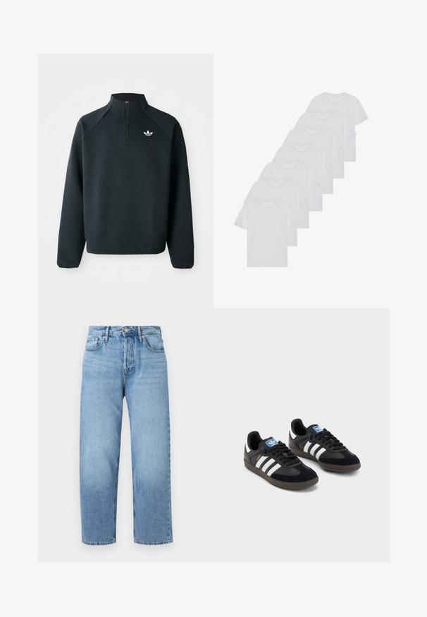 Crni dukserica s četvrtim zatvaračem izrađena od mekog materijala, s raglan rukavima i bijelim logotipom na prsima. Manžetne su elastične.; Bijele pamučne majice, kratki rukavi, dizajn s okruglim izrezom, jednostavne teksture, složene u red, s suptilnim brendiranjem na izrezu.; Svijetloplave traperice ravnog kroja, visokog struka, s pet džepova i suptilnim izblijedjenjem. Imaju kopčanje na dugme i petlje za remen.; Crne tenisice s gornjim dijelom od antilopa i sintetičkog materijala, s tri bijele pruge, teksturiranom gumenom potplatom i plavom oznakom na jeziku.