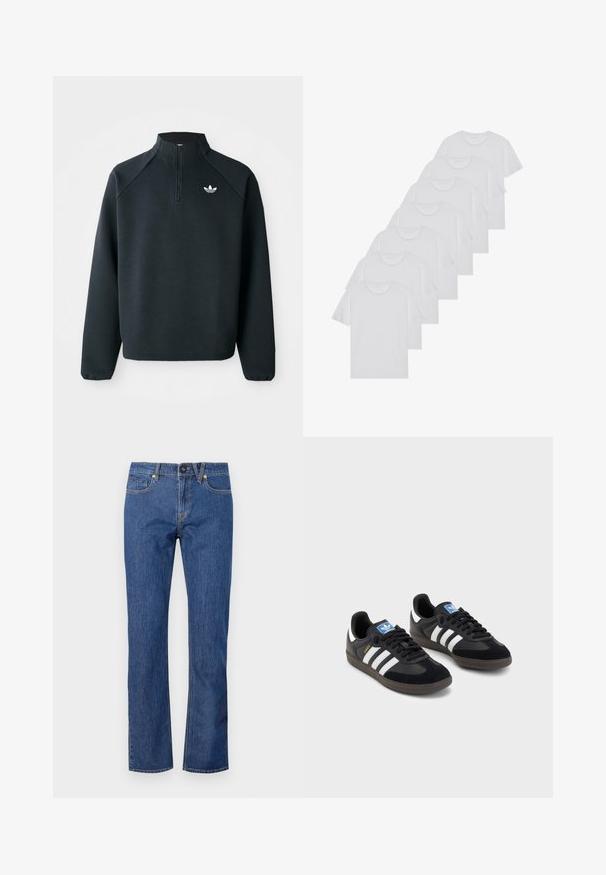 Černá mikina s krátkým zipem vyrobená z měkké tkaniny, s raglánovými rukávy a bílým logem na hrudi. Rukávy mají elastické manžety.; Bílé bavlněné trička s krátkým rukávem, design s kulatým výstřihem, jednobarevná textura, naskládána do řady, s jemným brandingem na výstřihu.; Modré džíny rovného střihu ze denimové látky, které mají zapínání na knoflík, poutka na opasek a pět kapes s jemnými švy.; Černé tenisky s vrškem z semiše a syntetického materiálu, s třemi bílými pruhy, texturovanou gumovou podrážkou a modrou nášivkou loga na jazyku.