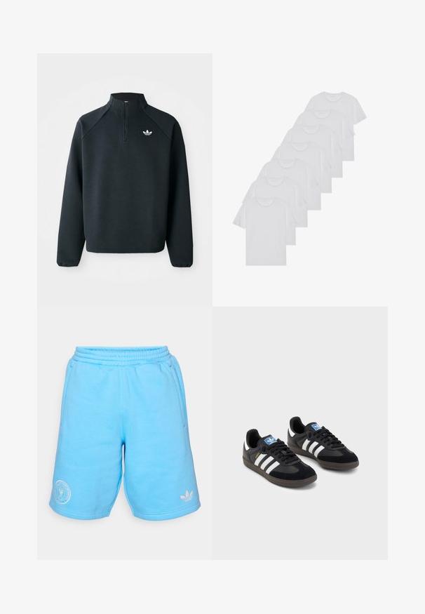 Svart quarter-zip hettegenser laget av mykt stoff, med raglanermer og hvit logo på brystet. Ermelinjene er elastiske.; Hvite bomulls T-skjorter, korte ermer, rund hals-design, enkel tekstur, stablet i en rekke, med subtil merking ved halsen.; Blå sweatshorts med elastisk midjebånd, sidelommer og hvit logo-detaljering på nedre front og kant. Myk tekstur.; Svarte sneakers med overdel i semsket lær og syntetisk materiale, med tre hvite striper, strukturert gummisåle og blå logoetikett på tungen.