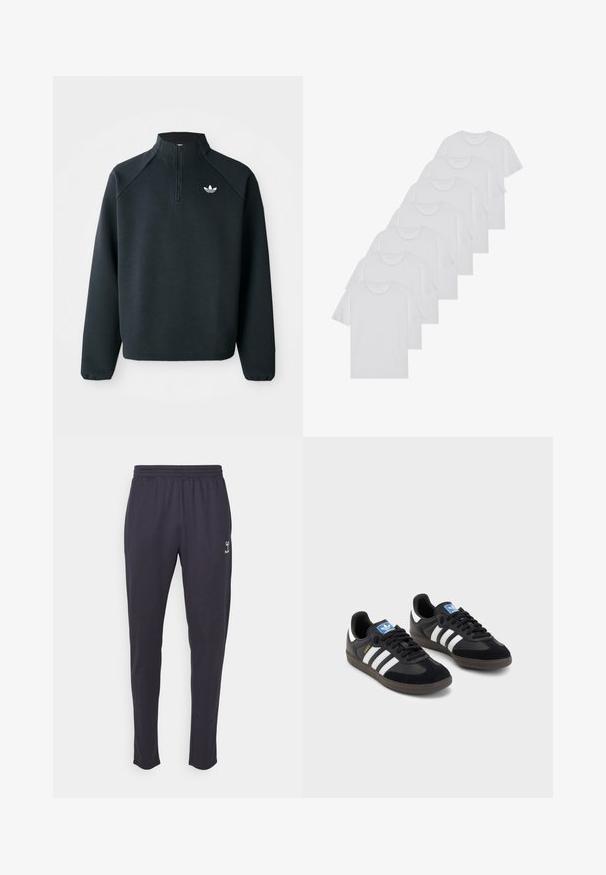 Melna puszipa mīksta auduma krekls ar raglan piedurknēm un balto logotipu uz krūtīm. Piedurknes ir elastīgas.; Baltie kokvilnas T-krekli, īsas piedurknes, apaļas izgriezuma dizains, vienkārša tekstūra, sakrauti rindā, ar smalku zīmolu pie kakla izgriezuma.; Tumši jūras zilo sporta bikses, kas izgatavotas no mīksta auduma, ar elastīgu jostu un nelielu logo sānos. Šaurā kāju dizains.; Melnas sporta apavas ar zamšādas un sintētisku augšdaļu, ar trim baltām svītrām, teksturētu gumijas zoli un zilu logo birku uz mēles.