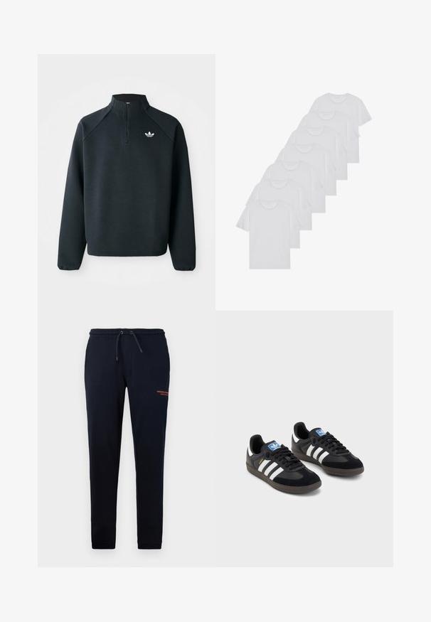 Črna pulover s četrt zadrgo, izdelan iz mehkega blaga, z raglan rokavi in belim logotipom na prsih. Manšete so elastične.; Beli bombažni T-majici, kratki rokavi, krožni izrez, enostavna tekstura, zloženi v vrsto, s subtilnim logotipom na vratu.; Mornarice z vrvico, z bočnimi žepi, ožjimi hlačnicami in oranžnim besedilom "WEEKEND OFFICER" na desnem stegnu. Mehka bombažna mešanica.; Črne športne copate z zgornjim delom iz semiša in sintetičnih materialov, ki imajo tri bele črte, teksturiran gumijast podplat in modro označevalno oznako na jeziku.