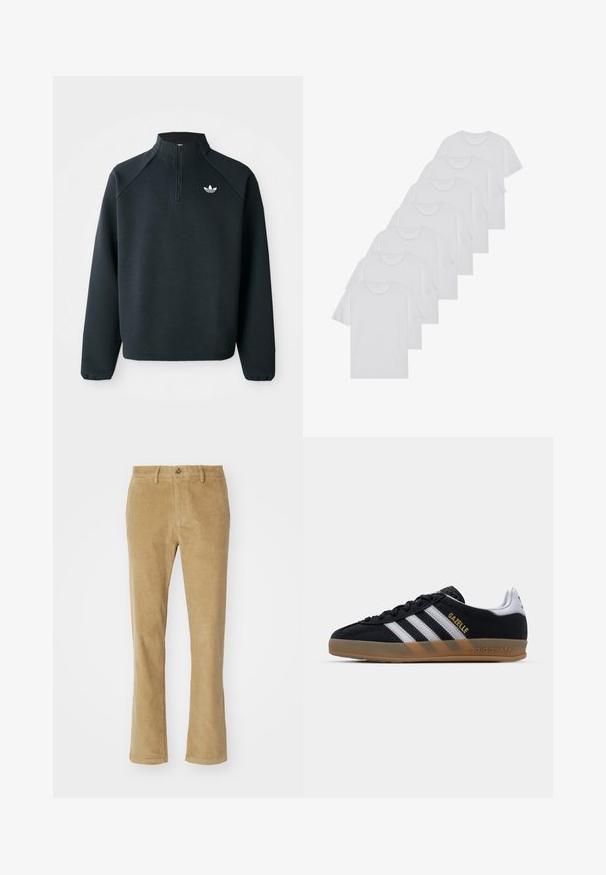 Črna pulover s četrt zadrgo, izdelan iz mehkega blaga, z raglan rokavi in belim logotipom na prsih. Manšete so elastične.; Beli bombažni T-majici, kratki rokavi, krožni izrez, enostavna tekstura, zloženi v vrsto, s subtilnim logotipom na vratu.; DOCKERS SMART FLEX MOTION SLIM - Hlače chino - harvest gold corduroy; Črne suede teniske z belimi črtami, svetlo rjavim gumijastim podplatom in zlatim logotipom "Gazelle". Klasična nizka zasnova, ki vključuje teksturirano zgornji del.