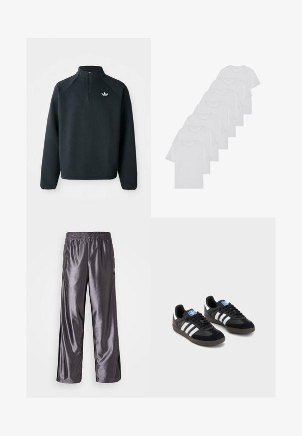 Melna puszipa mīksta auduma krekls ar raglan piedurknēm un balto logotipu uz krūtīm. Piedurknes ir elastīgas.; Baltie kokvilnas T-krekli, īsas piedurknes, apaļas izgriezuma dizains, vienkārša tekstūra, sakrauti rindā, ar smalku zīmolu pie kakla izgriezuma.; Pelēki spīdīgi sporta bikses ar brīvu piegriezumu, elastīgu jostu un melniem sānu akcentiem. Audums izskatās gluds un glancēts.; Melnas sporta apavas ar zamšādas un sintētisku augšdaļu, ar trim baltām svītrām, teksturētu gumijas zoli un zilu logo birku uz mēles.