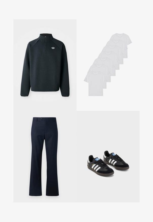 Črna pulover s četrt zadrgo, izdelan iz mehkega blaga, z raglan rokavi in belim logotipom na prsih. Manšete so elastične.; Beli bombažni T-majici, kratki rokavi, krožni izrez, enostavna tekstura, zloženi v vrsto, s subtilnim logotipom na vratu.; Navy modre hlače iz mešanice bombaža, z ravnim krojem, z enim gumbom za zapiranje in podaljšanim robom.; Črne športne copate z zgornjim delom iz semiša in sintetičnih materialov, ki imajo tri bele črte, teksturiran gumijast podplat in modro označevalno oznako na jeziku.
